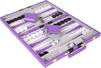 Premium Backgammon 15 Inches Medium Purple - Backgammon Sets for Adults and Kids - Leatherette Back Gammon Board Game Set - Travel Backgammon Set Board Encased with Accessories