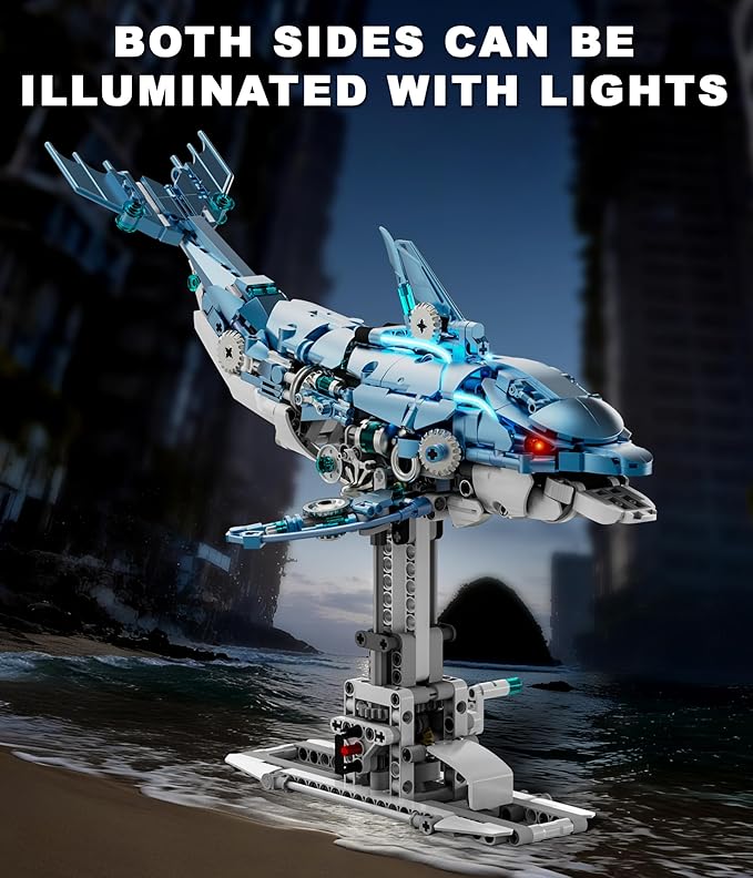 Moving Mechanical Dolphin Building Set - Hand Crank Model Kit with Swimming Tail Movable Jaw &amp Glowing Lights | STEM Educational Toy &amp Unique Desk Decor for Ages 8+ Adults Blue