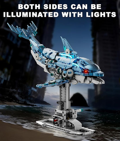 Moving Mechanical Dolphin Building Set - Hand Crank Model Kit with Swimming Tail Movable Jaw &amp Glowing Lights | STEM Educational Toy &amp Unique Desk Decor for Ages 8+ Adults Blue