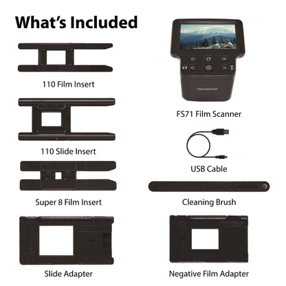 Magnasonic All-in-One 24MP Film Scanner with Large 5" Display & HDMI, Converts 35mm/126/110/Super 8 Film & 135/126/110 Slides into Digital Photos, Built-in Memory (FS71)