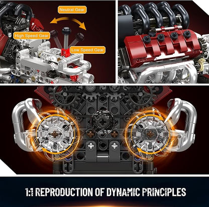 Mould King V8 Engine Building Kit Build Your Own Engine Model Kit That Runs STEM Engineering &amp Physical Science Experiment Set with Battery &amp Motor Car Engine for Age 14+/Adult(787 Pcs)