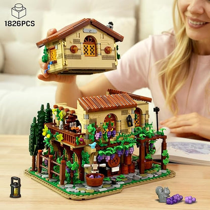 Winery Chateau House Building Set with Lights Vineyard Castle Construction Model Home Decor 1826 PCS Vine Estate Autumn Cabin Building Block Kit Birthday Gift for Adults Teens Boys Girls