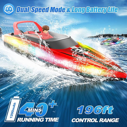 RC Boat with LED Lights 40+ Mins Self-Righting Waterproof Remote Control Boat for Pools Lakes Bathtubs Summer Water Toys for Kids Radio Controlled Watercraft (Red)