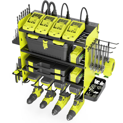 ZEAKOC Power Tool Organizer with Charging Station, 4 Layers Drill Holder Wall Mount,Metal Garage Rack with 10A Power Strip,Tool Shelves with Hooks,Drill Bit Storage, for Men Dad (Green&Black)