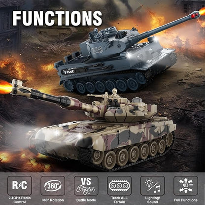 RC Tank Set1/24 RC Battle Tank Set Toy Tanks with Life Indicators and Spray2.4G Remote Control with Realistic Sounds and LightsRC Army Toys for Boys Age 6+ Year Old Gifts for Kids and Adults