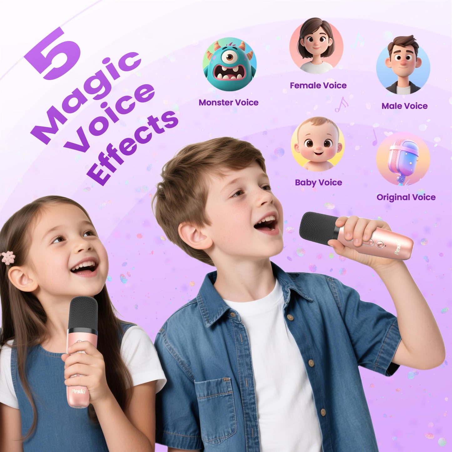 Peski Karaoke Machine for Kids Adults, Portable Bluetooth Mini Karaoke Microphone Singing Speaker Karaoke Player with 2 Wireless Mic, Birthday Gifts for Girls Boys Family Home Party(Rose Gold)