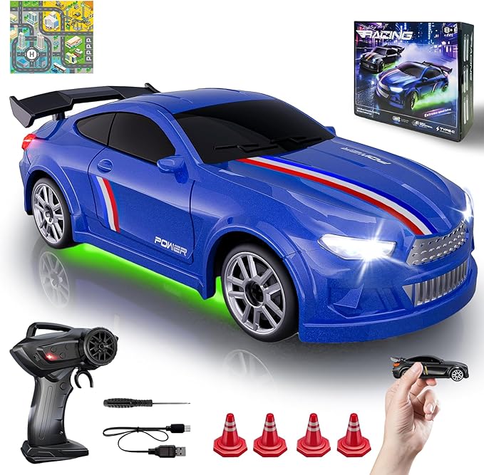 Mini RC Drift Car 1:64 Scale Remote Control Car with LED Lights &amp 2-Speed Modes 2.4GHz Stunt Drifting RC Toys with 4 Obstacles &amp Track Mat Hobby Gift for Kids &amp Adults Blue