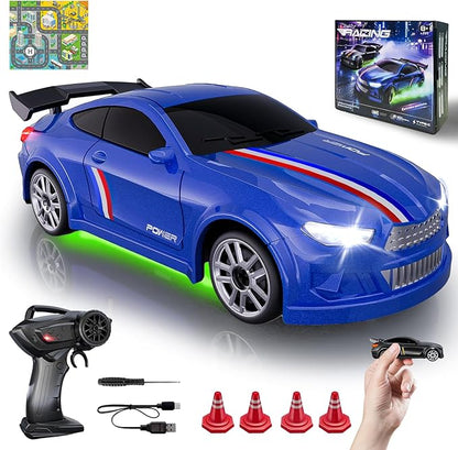 Mini RC Drift Car 1:64 Scale Remote Control Car with LED Lights &amp 2-Speed Modes 2.4GHz Stunt Drifting RC Toys with 4 Obstacles &amp Track Mat Hobby Gift for Kids &amp Adults Blue