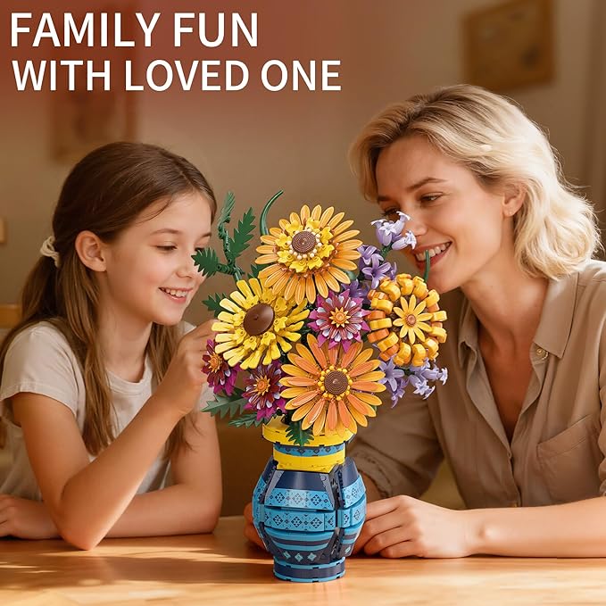 Sunflower Bouquet Building Blocks w/ Vase Set 1065 PCS Botanical Collection Birthday Gifts for Mom Women Grandma Adult Her Mother's Day Artificial Flower Home Decor Stocking Stuffers for Teen Girls