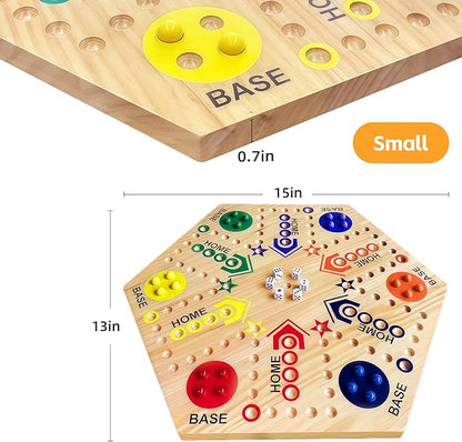 Wooden Board Game Original Marble Game Double Sided Painted 2 to 6 Player Fast Track Board Game Wooden with 6 Colors 24 Marbles 6 Dice for Adults Kids Family(15 INCH)