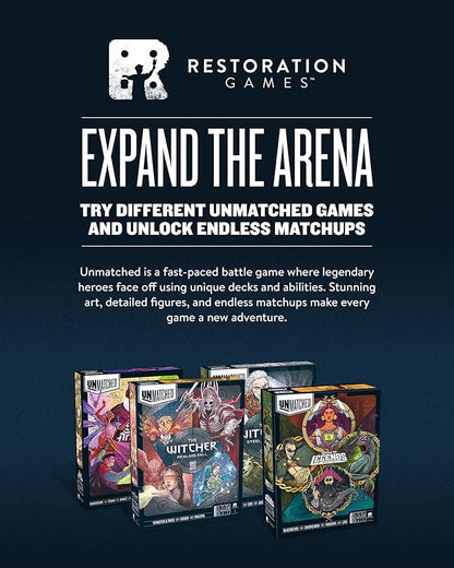 Restoration Games Unmatched The Witcher Steel &amp Silver - Strategy Board Game for Adults - Witcher Heroes Expansion with Double Sided Battlefield - 2-3 Players - 30 Min Playtime - Ages 9+