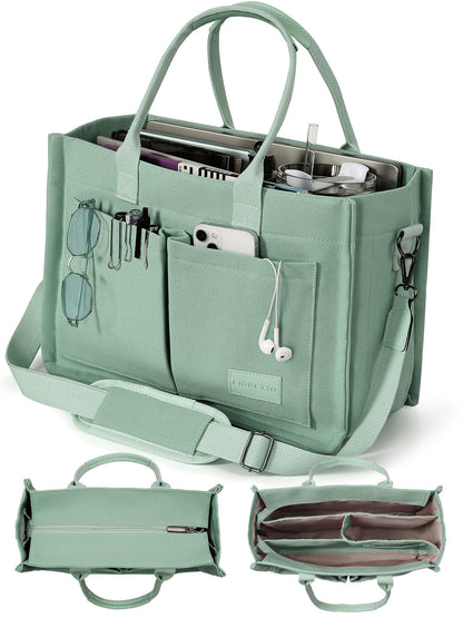 FIORETTO Canvas Tote Bag for Women with Zipper Closure & Individual Compartments for Work College, Crossbody Laptop Tote Purse Handbag with Detachable Strap & Bottom Support for Teacher & Nurse Green