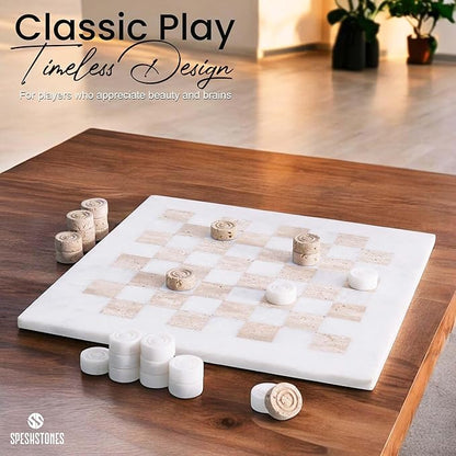 Marble Checkers Set 15 Inches Handmade White and Travertine Checkers Board Game with Checker Pieces - Board Games for Adults Game Table Accessories Gifts &amp Home Décor