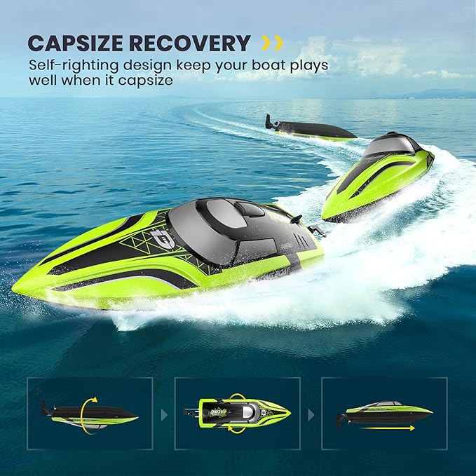 DEERC RC Boat with LED Light 30+ Mins Self Righting Remote Control Boat for Pools &amp Lakes 20+ MPH 2.4GHz Racing Boats 2 Battery Pool Toys for Kids Radio Controlled Watercraft