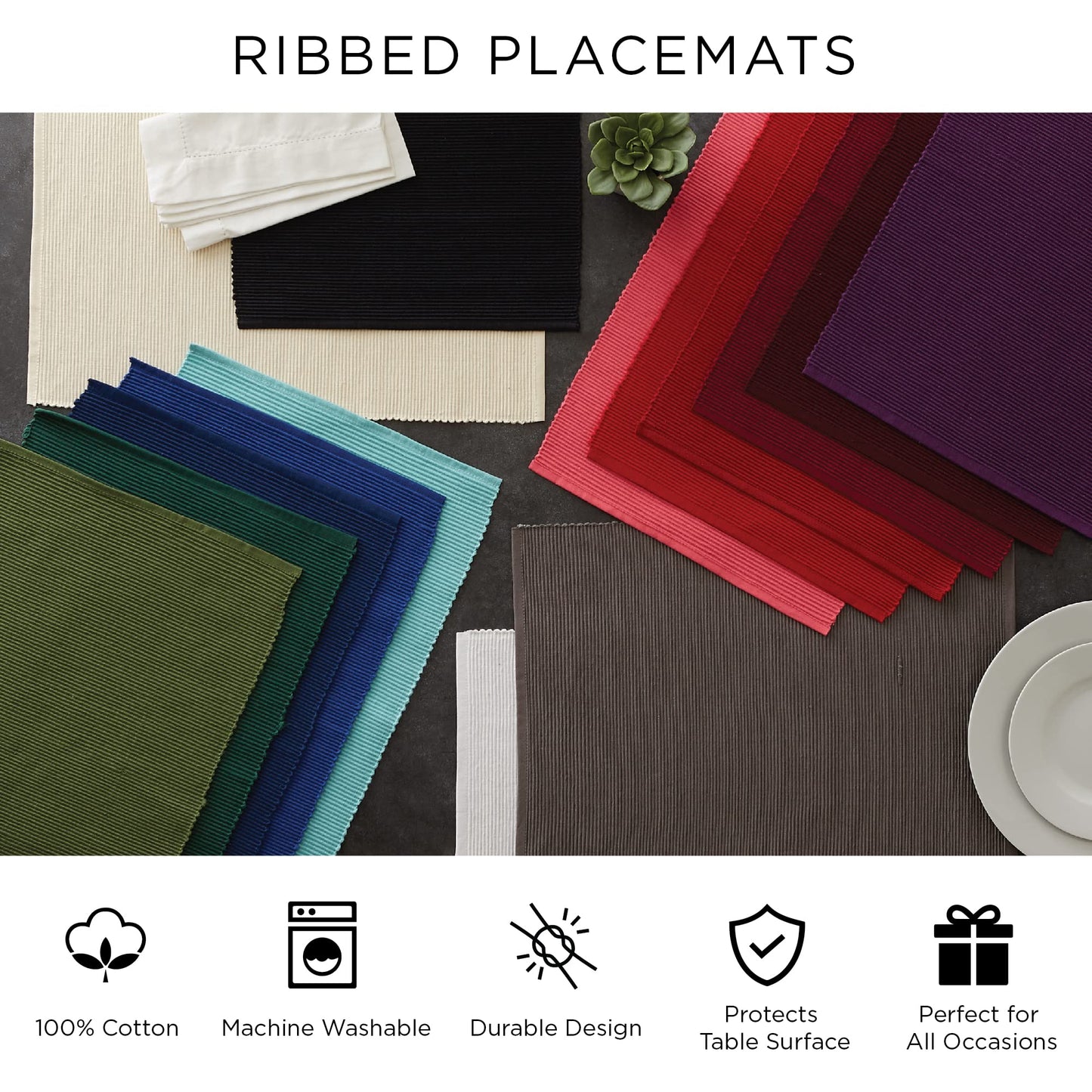 DII 100% Cotton Ribbed Everyday Basic Placemat (Set of 6), 13 x 9, Cardinal Red