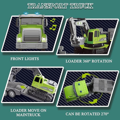 Fistone RC Semi-Trailer Truck &amp Excavator Toy Set 1:12 Scale with Sound and Lights 2.4Ghz Remote Control Flatbed Truck and Excavator Toys for Boys 6-12 Years Old