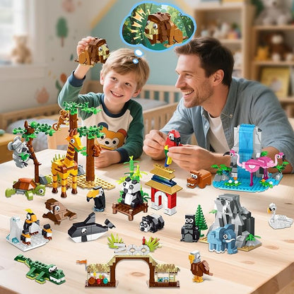 HOGOKIDS 25 Animals Zoo Building Set with Play Mat - 8 Pack Zoo Scene modules Blocks Toy for Easter Valentines Day Party Favors Classroom Prizes Fillers Birthday Gifts for Kids Boys Girls 6+ (1460PCS)