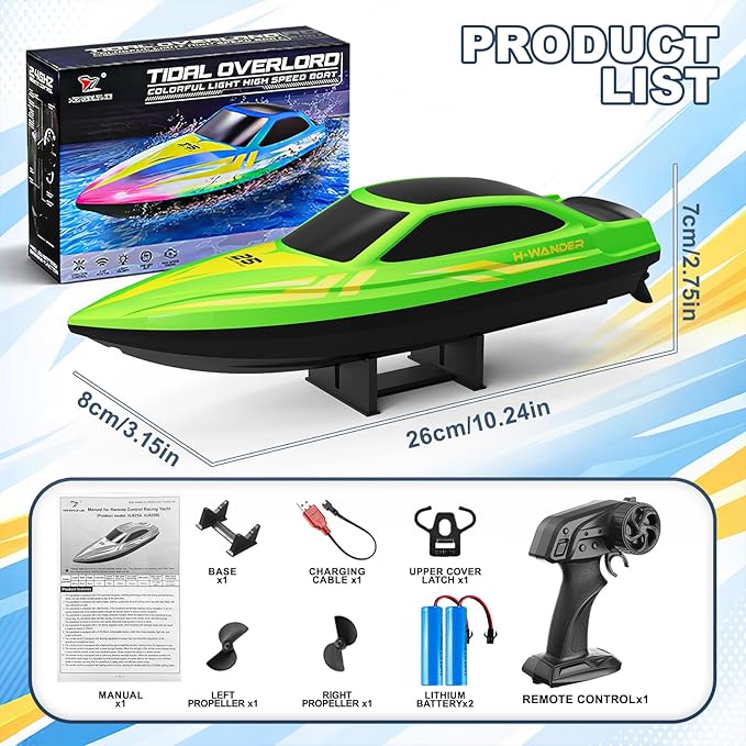 Remote Control Boat with 7-Mode Colorful LED Lights10 Inch RC Boat15KM/H High Speed2.4GHz3 Speed Modes2 Rechargeable BatteriesAuto Flip RecoveryPool &amp Lake Racing Gifts for Kids &amp Adult
