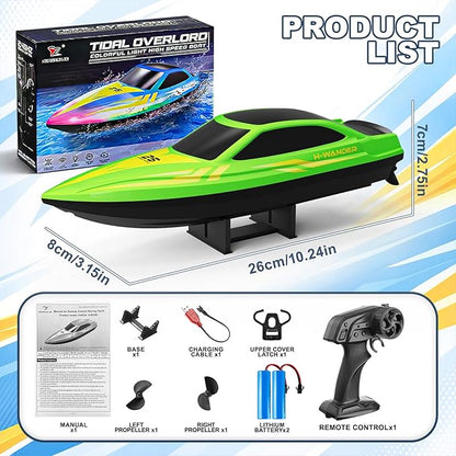 Remote Control Boat with 7-Mode Colorful LED Lights10 Inch RC Boat15KM/H High Speed2.4GHz3 Speed Modes2 Rechargeable BatteriesAuto Flip RecoveryPool &amp Lake Racing Gifts for Kids &amp Adult