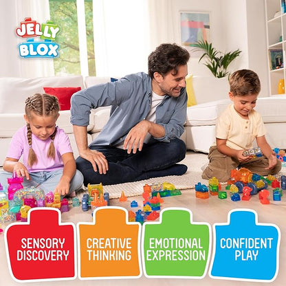 Jelly Blox Construction Site Set | Includes 75 Pieces | Toddler &amp Preschool Building Blocks Kids Can Squeeze Stretch Squish | MESH ACCREDITED | Safety Tested &amp Ouch-Free | Sensory Play Toy A