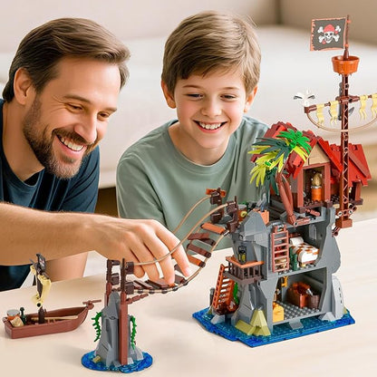 Pirate Cabin Building Sets for AdultsPirate's House with Bridge and Ship in IslandMedieval Castle Skull Building Block Toy for Home DecorIdeal Gift for Men Teens Kids Boys 8+(1044PCS)