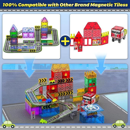 Magnetic Tiles121PCS Magnet Tiles Road Set with Pullback Cars for 3+ year old BoysMagnetic Toys for Kids Ages 4-8 with ShipAirplaneTraffic SignSTEM Classroom Educational Birthday Gifts Toys