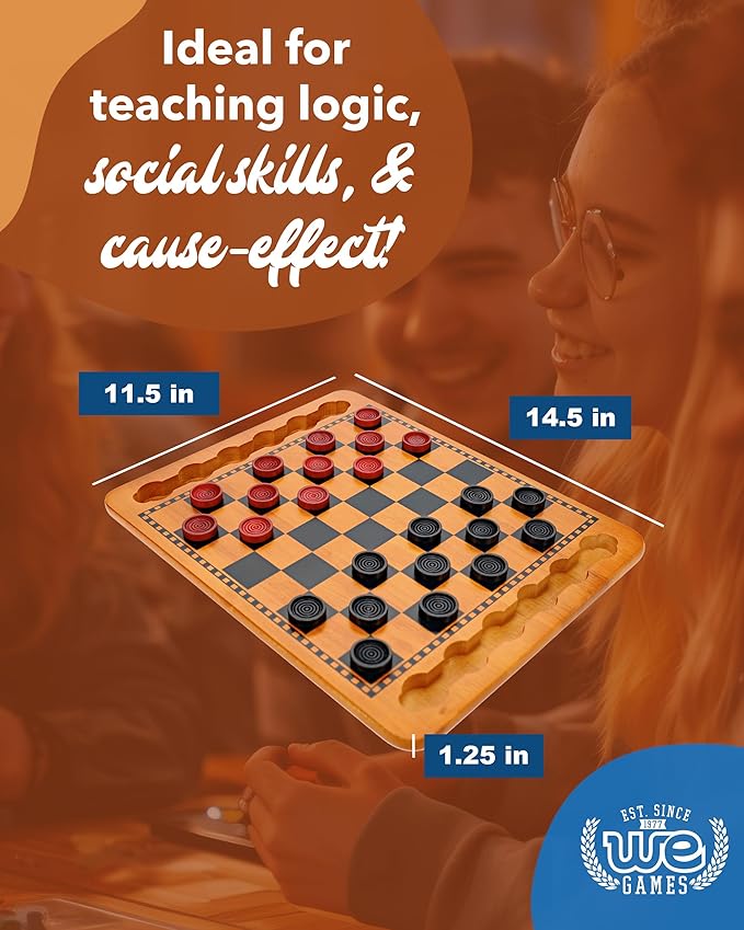 WE Games Solid Wood Checkers Board Game – 14.5-Inch Vintage Checkers Set with Inset Grooves &amp 24 Red &amp Black Board Game Pieces – Fun Family Table Game