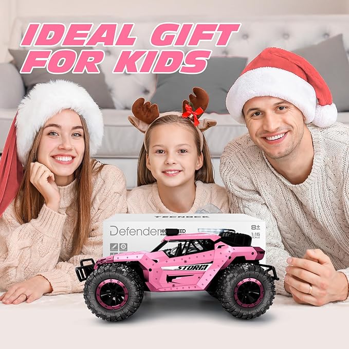 Tecnock Pink RC Car 1/16 Scale Remote Control Car for Girls High Speed 20 Km/h All Terrains Rc Monster Truck with Two Rechargeable Batteries &amp Head Chassis Lights Gift Toy for Kids Adults