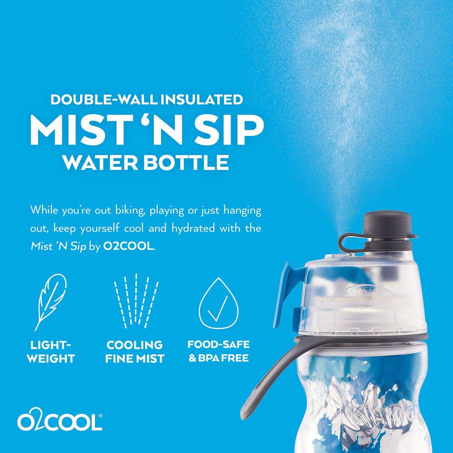 O2COOL ArcticSqueeze Insulated Mist 'N Sip Squeeze Bottle 20 oz., Blue/Blue Splash