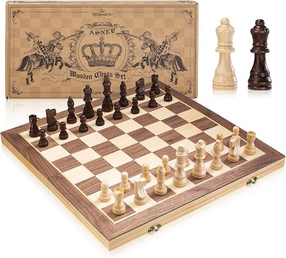 ASNEY Upgraded Magnetic Chess Set 15 Tournament Staunton Wooden Chess Board Game Set with Magnets Crafted Chesspiece ans Storage Slots for Kids Adult Includes Extra Queens