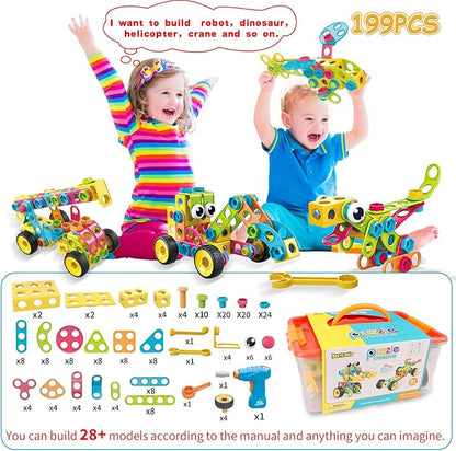 199PCS Building Blocks STEM Toys for 3 4 5 6 7 8+ Year Old Boy Girl Birthday Gifts Preschool Educational Building Toys for Kids Ages 3-5 4-8 5-7 6-8 Erector Sets Stem Kits Activities Creative Games
