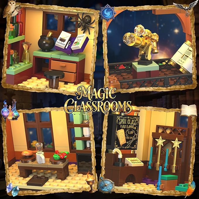 Magic School Building Set with Light Easter 3 Style Modes Big Castle House Construction Model with Potion Shop 1960 PCS Clock Tower Home Decor Building Blocks Gift for Adults Boys Girls 12+
