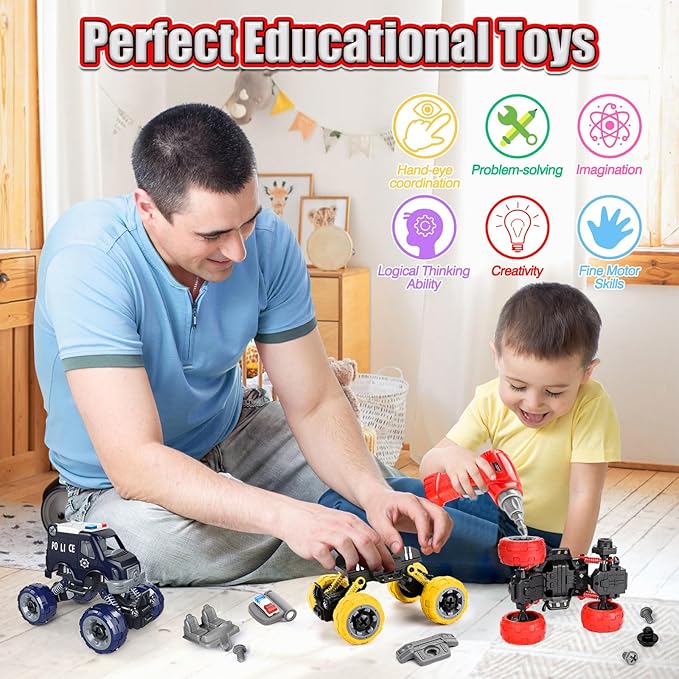 LUDILO Kids Boys Toys Age 4-6 5-7 6-8: 4 PCS DIY Assembly Building City Bus Ambulance Police Car Toy Fire Truck with Electric Drill Stem Learning Toys Gifts for 3 4 5 6 7 8 Year Old Boys Girls Kids