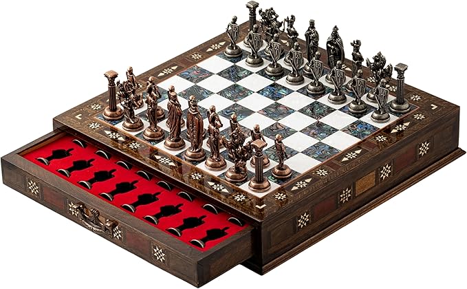15’’ Unique Handmade Chess Set – Handmade Wooden Storage Board with Metal Chess Pieces – Luxury Gift for Men and Collectors – Gift for Dad (Purple)