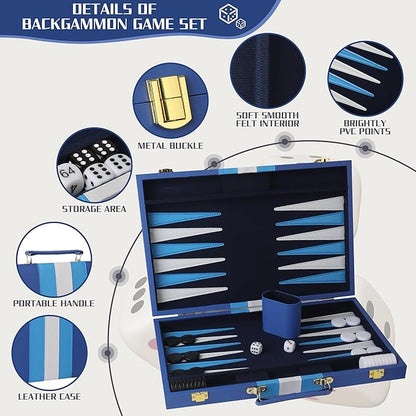Froggod 15 inch Backgammon Sets for Adults - Classic Board Game for Adults - Portable Travel Backgammon Set for 2 Players - Perfect Adult Board Games for Gifts &amp Family Fun(Vivid Blue)