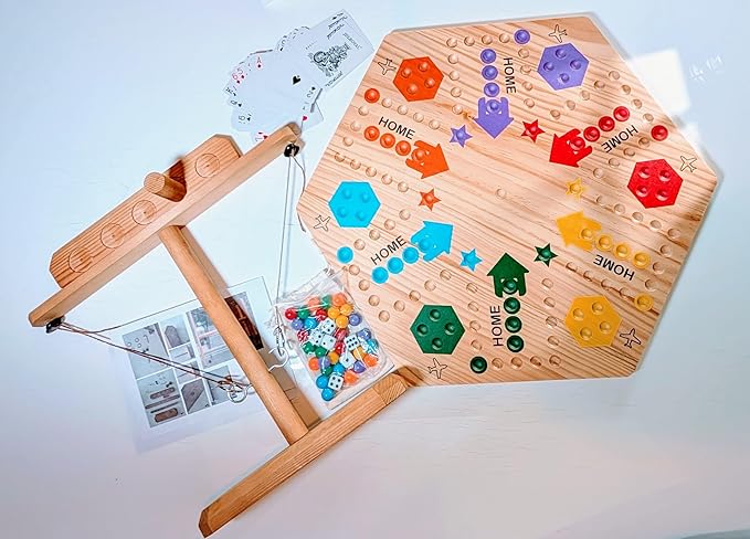 Wooden Wahoo Marble Board Game (20 INCH) Double-Sided for 2-6 Players with 24 Marbles and 6 dice. Also Includes Ring Toss Wooden Hook and Ring Gameand Premium Playing Cards.
