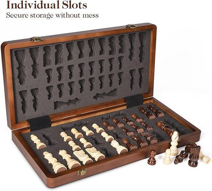 15 Wooden Chess Set with Magnetic Pieces - Extra Queens - Folding Chessboard Portable Travel Tournament Chess Board Games for Adults Kids