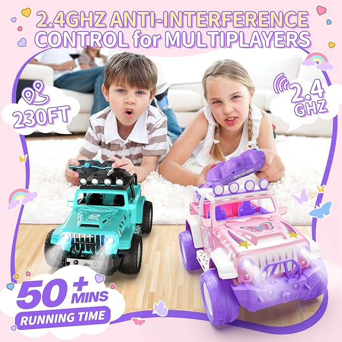 DEERC Pink Remote Control Car for Girls with Fog Mist &amp Music 1:16 RC Car with LED Lights for Kids 2.4Ghz All Terrain SUV Truck Gifts Off-Road Racing Vehicle Toy Car Girls Toys