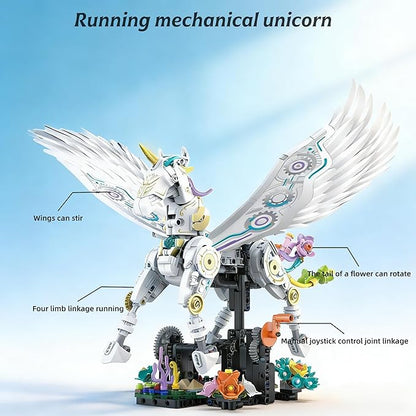 Unicorn Building Set for Adults with Flower Display Mechanical Linkage Rainbow Animal Figures Kit Compatible with Lego Home Office DecorGift for Animal Lovers