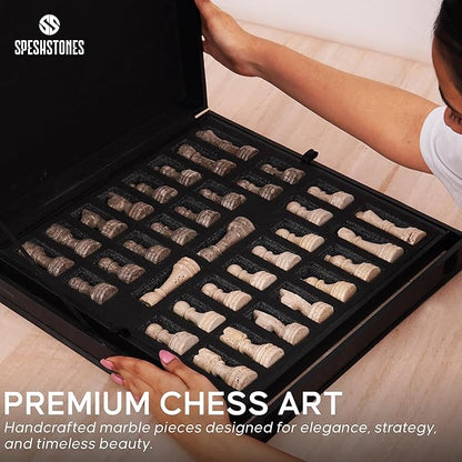 Marble Chess Set 15 Inches Handmade Travertine &amp Oceanic Luxury Board Games for Adults Ideal Marble Chess Board Game Set Chess Pieces &amp Storage Box for Gifts &amp Home Decor
