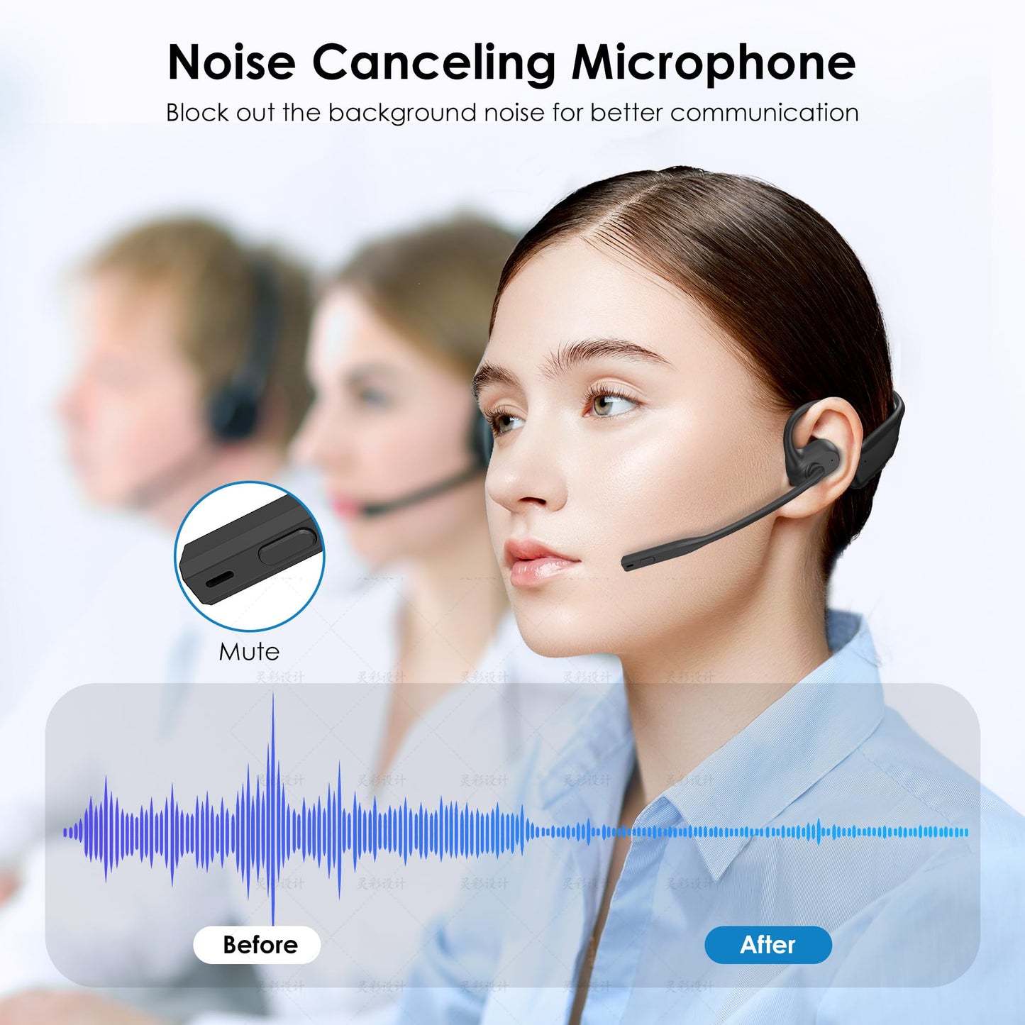 Gixxted Open Ear Headphones with Mic, Bluetooth Headset with Microphone, Dual Connect Bluetooth 5.3 with AI Noise Cancelling Mic & Mute Function, Wireless Headset for Work, Sports, Drive