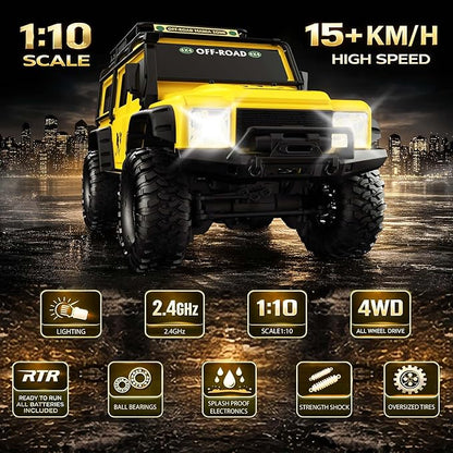 RC Cars RC Crawler 1/10 Scale RTR Remote Control Car 4WD 2.4GHz Brushed Offroad Racing Hobby Grade Model Vehicle with LED Lights 2Pcs Battery Toy for Kids and Adults
