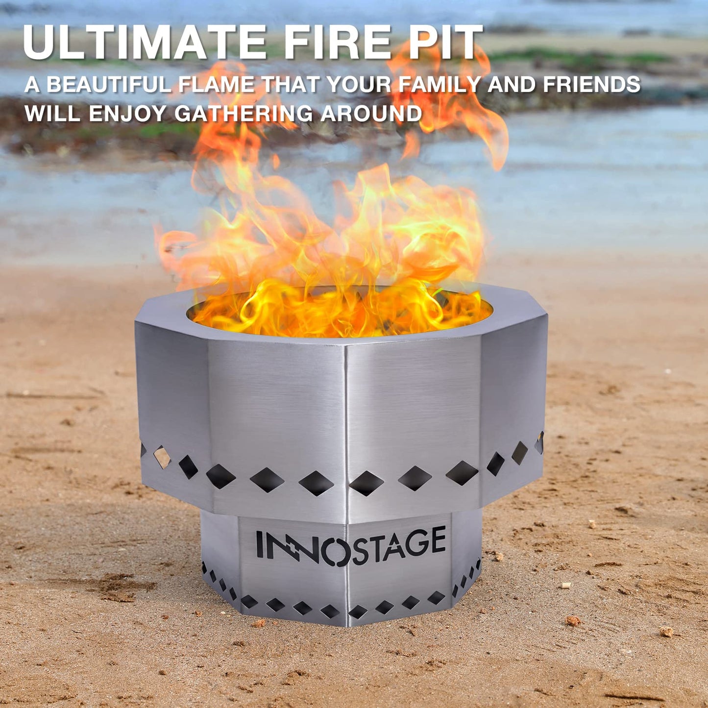 Patented Smokeless Fire Pit for Outdoor Wood Pellet Burning Spark with Portable Carrying Bag,Stainless Steel Firepit Grill Bowl of Fireplace Stove for Picnic Camping Cooking on Beach - S