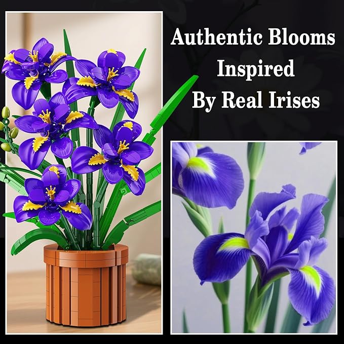Flowers Botanicals Iris Building Set - Easter Artificial Purple Bonsai Plant for Home Office Décor 808PCS Flower Building Kit Indoor Decoration Floar Gift for Adults Wife Girlfriend Mom
