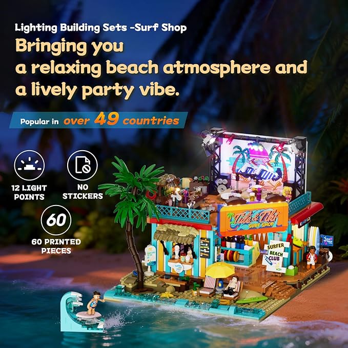 Surf Shop Lighting Building Bricks Set - Coast Club Modular Collection Display Kit with LED and Minifigures 1752 Pcs for Adults &amp Teens &amp Marine Enthusiasts