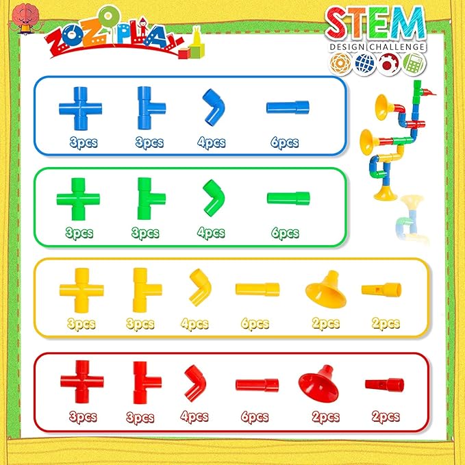ZOZOPLAY STEM Toys Tube Locks 72 Piece Tubular Pipes &amp Spouts &amp Joints &amp Whistles &amp Trumpet Toy Learning Educational Building Block Set with Whistles Gift for Boys Girls