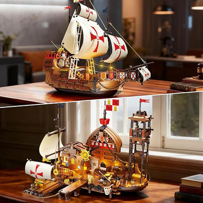 Santa Maria Ship Building Set with LED Lights 2 in 1 Pirate Ship House Wharf Building Block Kit 1253 PCS Adventure Merchant Ship Model Building Toy Gift for Adults Teens Boys Girls Ages 12+