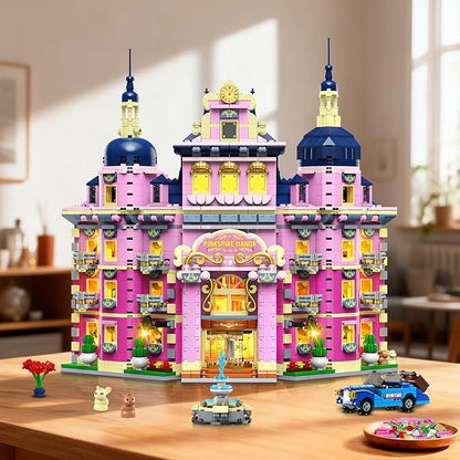 Pink Estate House Building Set with Lights 3 Style Pinkspire Construction Model with Car Fountain 1815 PCS Friends Villa Castle Building Block Kit Home Decor Gift for Adults Boys Girls 8-12+