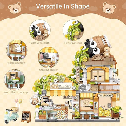 Creative Brick Box Street View-Coffee Shop Mini Building Toy Animals Interactive for Kids Simulation Architecture Toy for Girls and Boys Ages 6+ - Gift Easter Birthday Christmas (1077 PCS)