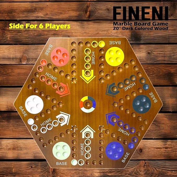 Wooden Board Games Marble Board Game Original with Dual Sides Fast Track Board Game for 2 to 6 Players Double Side Marble Game 6 Colors 30 Marbles Set and 6 Color 6 DicePouch (20 Dark)